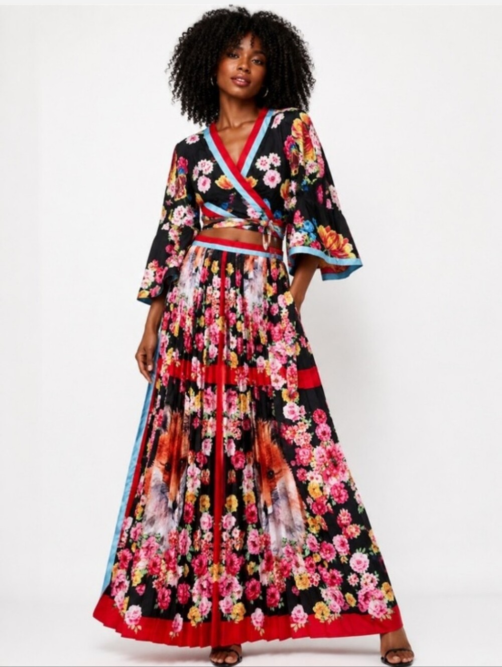 Fashion Nova Black Floral Wrap Maxi Skirt Set with Pink & Red Accents